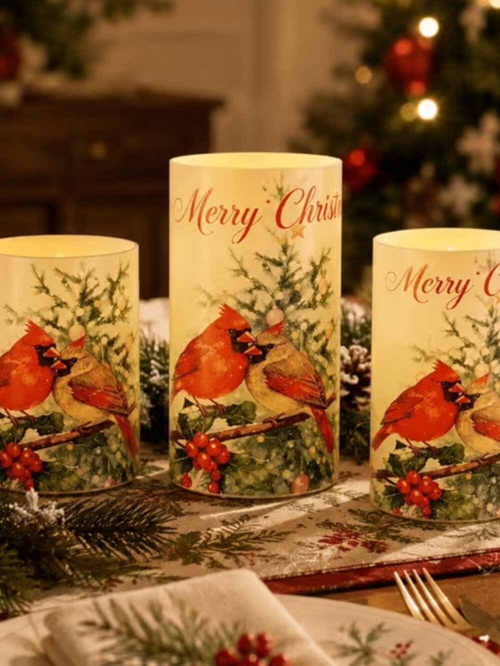 Christmas Flameless Candles with Cardinals - New